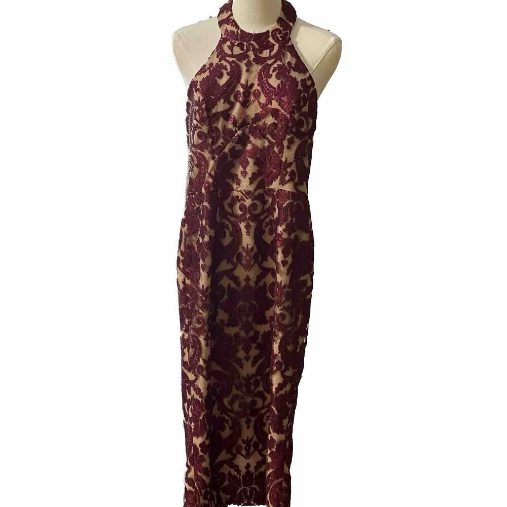 Dress The Population Cassie Dress XS Red Sequin Lace Nude Halter Low Back Sexy